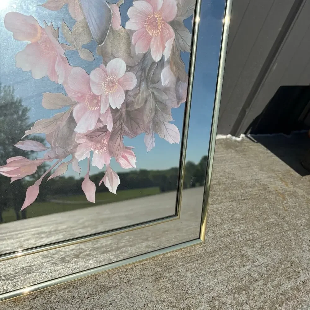 Vtg MCM Gold Framed Mirror Butterflies Flowers 22x28” ‘80s Marsel Hollywood Reg.